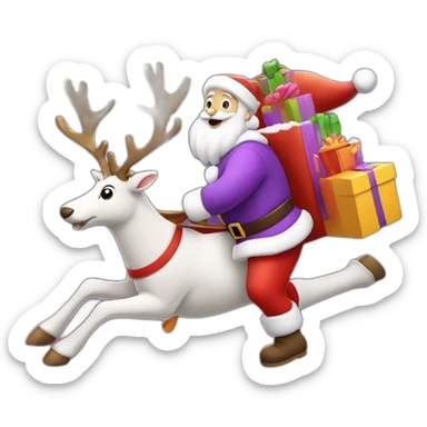Santa Claus dressed in purple running with the reindeer to deliver the presents sticker