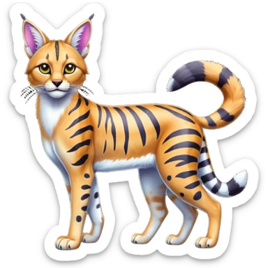Colorful cartoon bright shiny vibrant iridescent neon tropical exotic anime Striped and spotted Lynx-Caracal-Serval-hybrid full body sticker