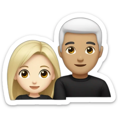 Blonde girl with brown eyes in black sweater and asian man with black hair and white skin hugging sticker