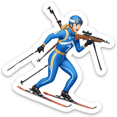 An icon showing a biathlete skiing on a snow-covered Olympic track with a rifle on their back. Cheering fans fill the stands. Majestic mountains, snowy trees, and a bright blue sky complete the scenic winter landscape. Transparent background captures the spirit of biathlon. sticker