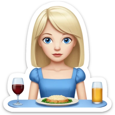 45 yr old white woman, pale skin, long straight blond hair parted in center, blue eyes, bangs, clothes for dinner sticker
