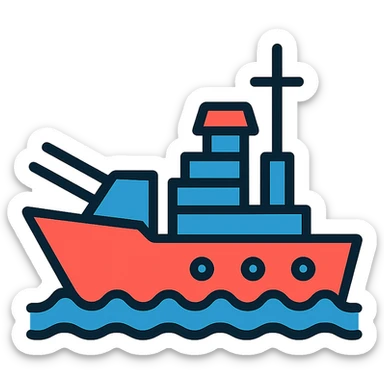 battleship icon, lineal color icon style, black outlines, minimal color accents sticker