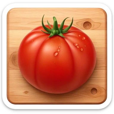 Cinematic juicy ripe tomatoe, deep red, slightly dewy, arranged on a wooden cutting board, soft glowing background, rich and flavorful. sticker