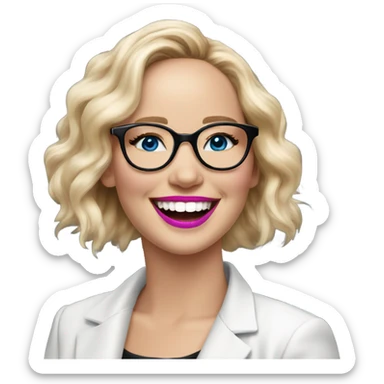 Happy laughing Jennifer Lawrence,  blue eyes wearing glasses and pink lipstick  sticker