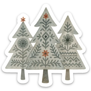 logo style illustration of evergreen trees, blending Scandinavian and Slavic folk motifs, dark neutral color tones, watercolor texture, transparent background, suitable for favicon sticker
