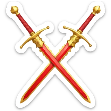 Two crossed swords that are golden in blade and handle and have fiery and royal appearence to them as well as red gem stones yellow in color sticker