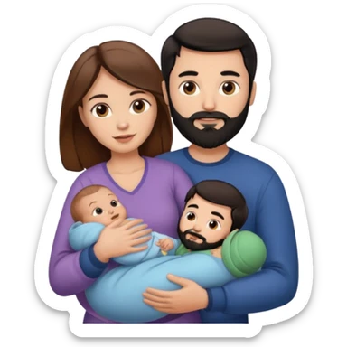 Una mujer con pelo castaño y ojos marrones  con un bebé y un hombre con pelo negro y barba sticker