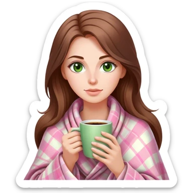 A pretty white woman with long brown hair and green eyes wrapped in pastel pink plaid blanket drinking coffee sticker