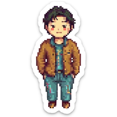 a poor Korean man, simple clothing, humble expression, pixel art style sticker
