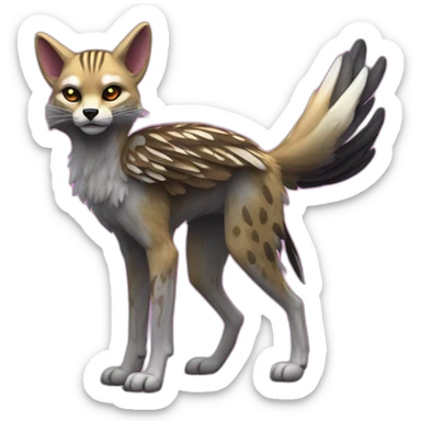 Coyote ocelot standing with grey and black fur and phoenix wings on back and pink ears half skeleton, neon lights sticker