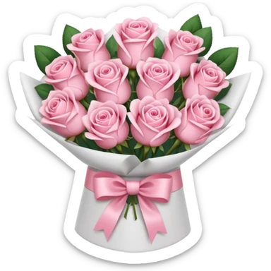 light pink bouquet of roses wrapped in white wrapping paper with pink bow sticker