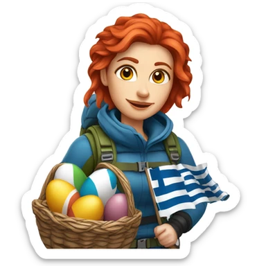 Female winter mountaineer red hair climbing with Greek flag and holding Easter eggs basket sticker