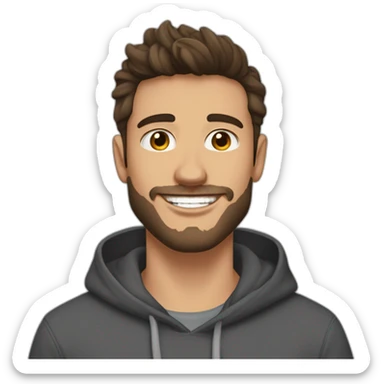 young man  fit with short beard smiling medium long curvy rockabilly style brown hair with light skin and dark brown eyes wearing dark gray sweatshirt hoodie sticker