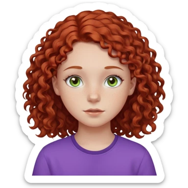 pale white teen girl with light blueish green eyes and freckles with brownish red curly middle part hair and purple shirt sticker