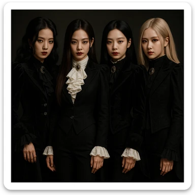 Blackpink in aristocrat goth style, elaborate suits, ruffles, regal and dark sticker