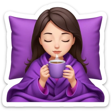 girl brunette inside a violet blanket sipping coffee from pink mug eyes closed sticker