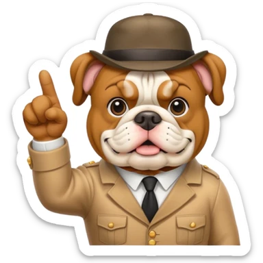 english bulldog tour guide pointing at a landmark sticker