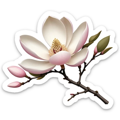 Japanese style Magnolia kobus (kobushi) flower in ukiyo-e inspired design, elegant white petals with subtle pink tinge, bare branches, traditional composition like Japanese woodblock prints sticker