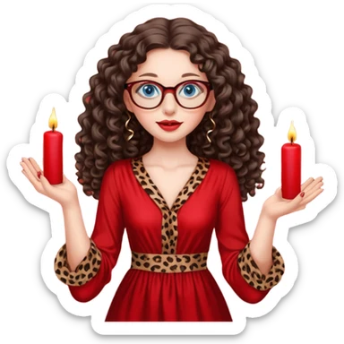 a blue eyed woman with very long brunette curly hair, full lips,and really pale skin. She is wearing a leopard printed thin round-ish glasses . She is wearing fully plain silky red dress. She is flying on the air. There are red candles in her hands. She is making a magic. sticker