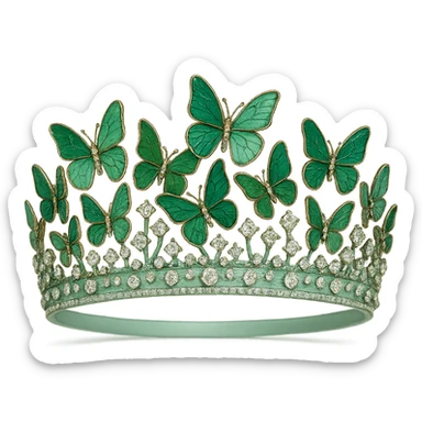 butterfly crown with a mint green base, butterflies in various green enamel shades, sparkling gems sticker