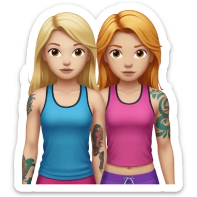 girl with long blonde hair and tattoos next to an athletic ginger girl colorful clothes sticker