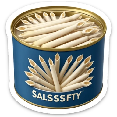 open can filled with pale creamy-white salsify sticks arranged in light brine, long slightly ridged pieces, neatly stacked, tender yet firm appearance, simple partially open metal tin, no label, no garnish, no extras, soft lighting, subtle shadows, emoji scale sticker