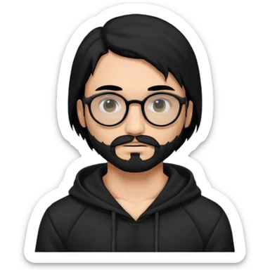Man, hispanic skin, black hair, black beard, black mustache black eyes black t hoodie, small nose, long emo hair, muscular , round glasses sticker