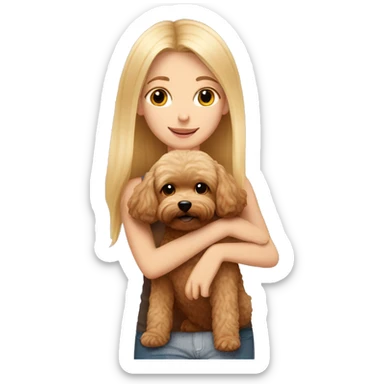 Blonde girl with long straight hair hugging a brown maltipoo sticker