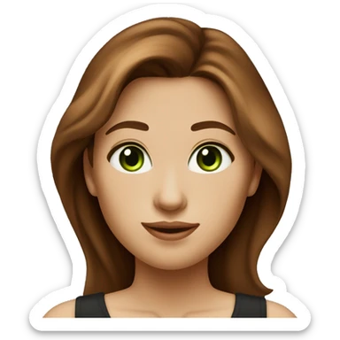 Attractive woman with waist-long chestnut-brown hair and dark green eyes, and a black top sticker