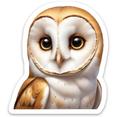 Cinematic Cute Barn Owl Portrait Emoji, Head tilted playfully and inquisitively, featuring a softly mottled Fur of white and brown with delicate feather patterns, round, sparkling amber eyes filled with curious wonder, Simplified yet irresistibly adorable features, highly detailed, glowing with a warm, friendly glow, high shine, affectionate and gentle, stylized with a touch of barnyard whimsy, bright and endearing, soft glowing outline, capturing the essence of a mischievous yet loving owl, so playful it feels like it could swoop out of the screen and into your arms! sticker