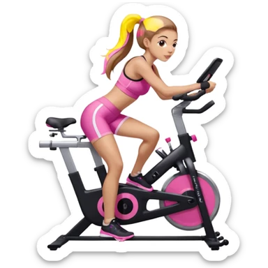 Light skin girl with long light brown hair in a pony tail, black workout set leaning on a indoor spin bike with NO HELMET, can we add a pink sports bra  sticker