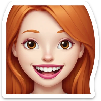 Young girl with pale skin, longer face, full pink lips smiling with big teeth, very long straight ginger red hair (no blonde at all), big brown eyes, bigger nose, big mouth sticker