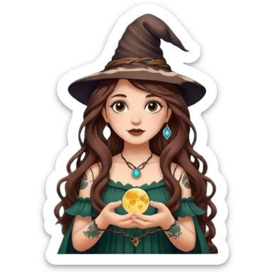 cute forest witch woman long wavy brown hair tattoos holding tiny moon sticker