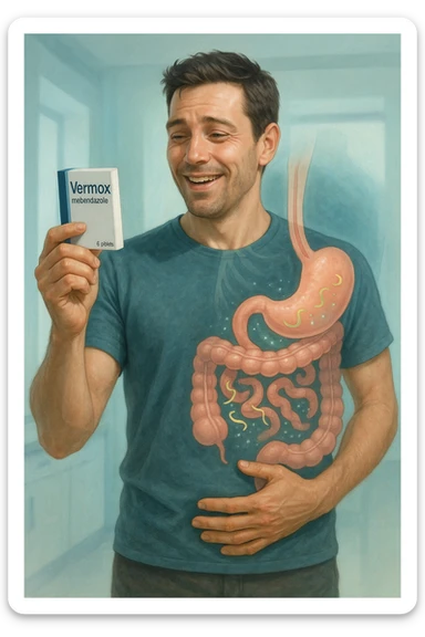 A realistic, cinematic illustration of a man in his late 30s holding a small white box of ‘Vermox’ (mebendazole) in one hand, with a relieved and hopeful expression on his face. Behind him, a semi-transparent overlay shows his digestive tract where small, symbolic worm-like parasites are dissolving and disappearing, indicating the medication’s effect. The environment is clean and bright, with a medical yet hopeful tone, conveying the concept of effective parasite removal. Subtle blue and green tones symbolize cleansing and health restoration, while the man appears energized and ready to reclaim his well-being sticker