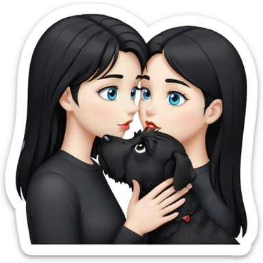 one pale girl with light blue eyes and long black hair wearing black shirt kissing black schnauzer  sticker