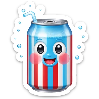 Cute Kawaii Soda Can, bubbly and vibrant, bright red and blue stripes, playful fizz popping around, a chubby happy face with wide sparkling eyes, energetic and refreshing! sticker