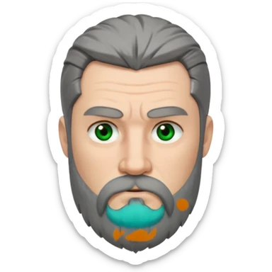 Greenish grey eyed adult man with sad eyes, poor short dark grey hair and a very long viking beard hanging. Pale skin. He's serious and looks tired. Make sure his hair and beard are both dark grey. sticker