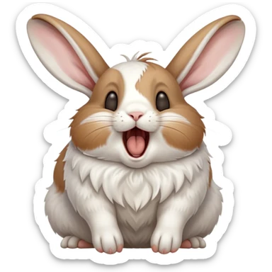 Cinematic Cute Yawning White and Brown Rabbit Portrait Emoji, Head tilted slightly with a dramatic, wide-open yawn, showcasing a soft, patterned fur with crisp white and warm brown patches, floppy ears slightly drooping, round eyes barely open in drowsy contentment, Simplified yet irresistibly adorable features, highly detailed, glowing with a soft, cozy glow, high shine, relaxed yet expressive, stylized with a touch of whimsy, bright and endearing, soft glowing outline, capturing the essence of a sleepy yet affectionate bunny, so drowsy it feels like it could stretch out of the screen and curl up for a nap! sticker