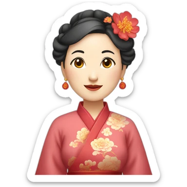 Chinese middle aged lady wear Chinese traditional dresses with a sign of agreeable gesture sticker