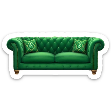plush emerald green sofa in front of a roaring fireplace, Slytherin common room, magical details sticker