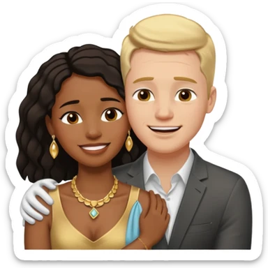 interracial couple. Black smiling woman with nice jewelry. White man crying with his arm around her shoulder. sticker