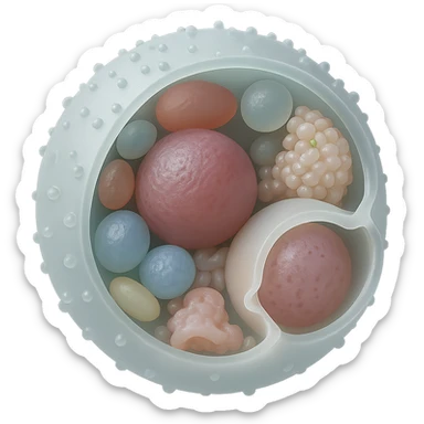 Make the cell and organelles more 3D and photorealistic, remove the background, in a matte glass style with visible depth and realistic textures. sticker