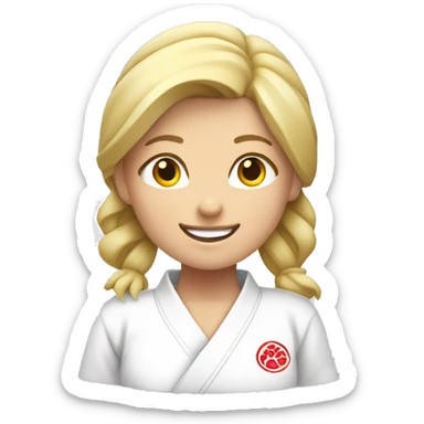 blond judo girl with wide smile and hands next to face sticker