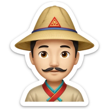 An Asian boy, with little straight mustache and a little beard wearing a traditional triangle Chinese hat sticker