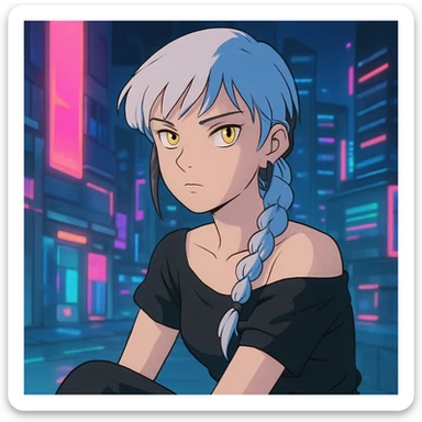 closeup portrait of young woman with gold yellow eyes, white hair in a long braid, black off-shoulder top, punk gothic style, futuristic cyberwave, sitting position, neon city lights in background, ghibli style sticker