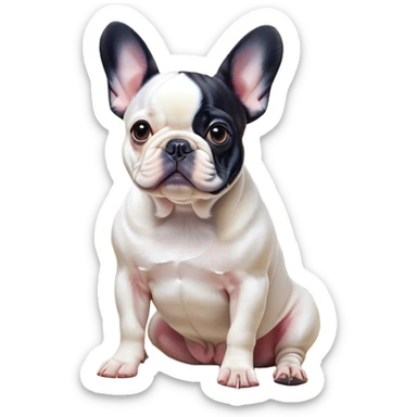 Cinematic Noble Pied French Bulldog Portrait Emoji, Radiating regal yet playful charm, with a distinctive pied fur of contrasting hues and a sculpted, expressive face featuring gentle, wise eyes and a confident stance, simplified yet artistically detailed, glowing with a soft, sophisticated radiance, high shine, exuding intelligent nobility and refined flair, soft glowing outline, capturing the essence of a noble Pied French Bulldog that embodies both strength and grace! sticker