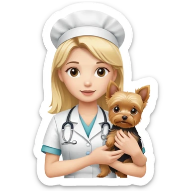 Blonde nurse girl holding yorkie sticker