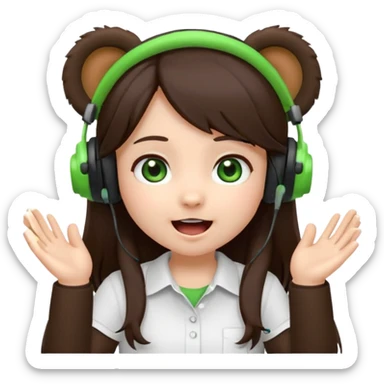 Animated emoji, Chibi girl, long dark brown hair, green eyes, wearing a white shirt and small brown bear ears on a black headset, with wide happy surprised eyes and mouth and clapping excitedly sticker