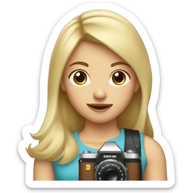 the girl has blond hair with bangs and brown eyes holding a camera sticker