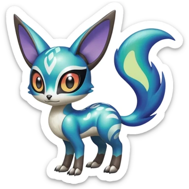 Shiny exotic animalistic feral Colorful glowing glossy smooth soft silky Futuristic Cyber-Vernid-Trico-Meloetta-Latias-Koraidon-Peppercat-Protogen-Pokémon-Digimon-Fakémon-fusion-hybrid-creature sticker